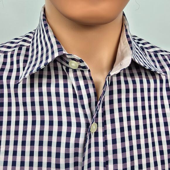 JOHNSTON & MURPHY Dress Shirt Sz M Tailored fit Contrast Flip Cuff Gingham check - Picture 3 of 13